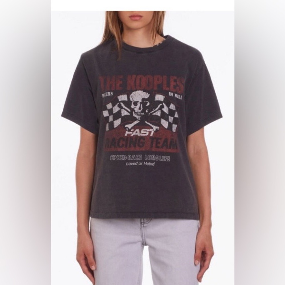NWT! Retail $125 The Kooples Black Racing Skull Graphic Tee with Checkered Flags